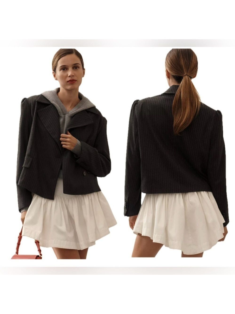 Anthropologie Maeve 80s Boxy Blazer Jacket in grey micro pinstripe Sz L NWOT